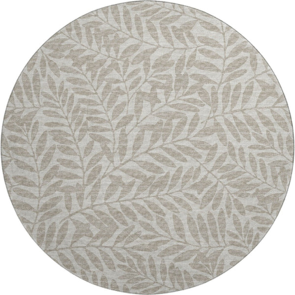 HomeRoots 8' Taupe and Ivory Botanical Leaves Washable Round Rug - Durable, UV-Protected & Easy Care Design 644847