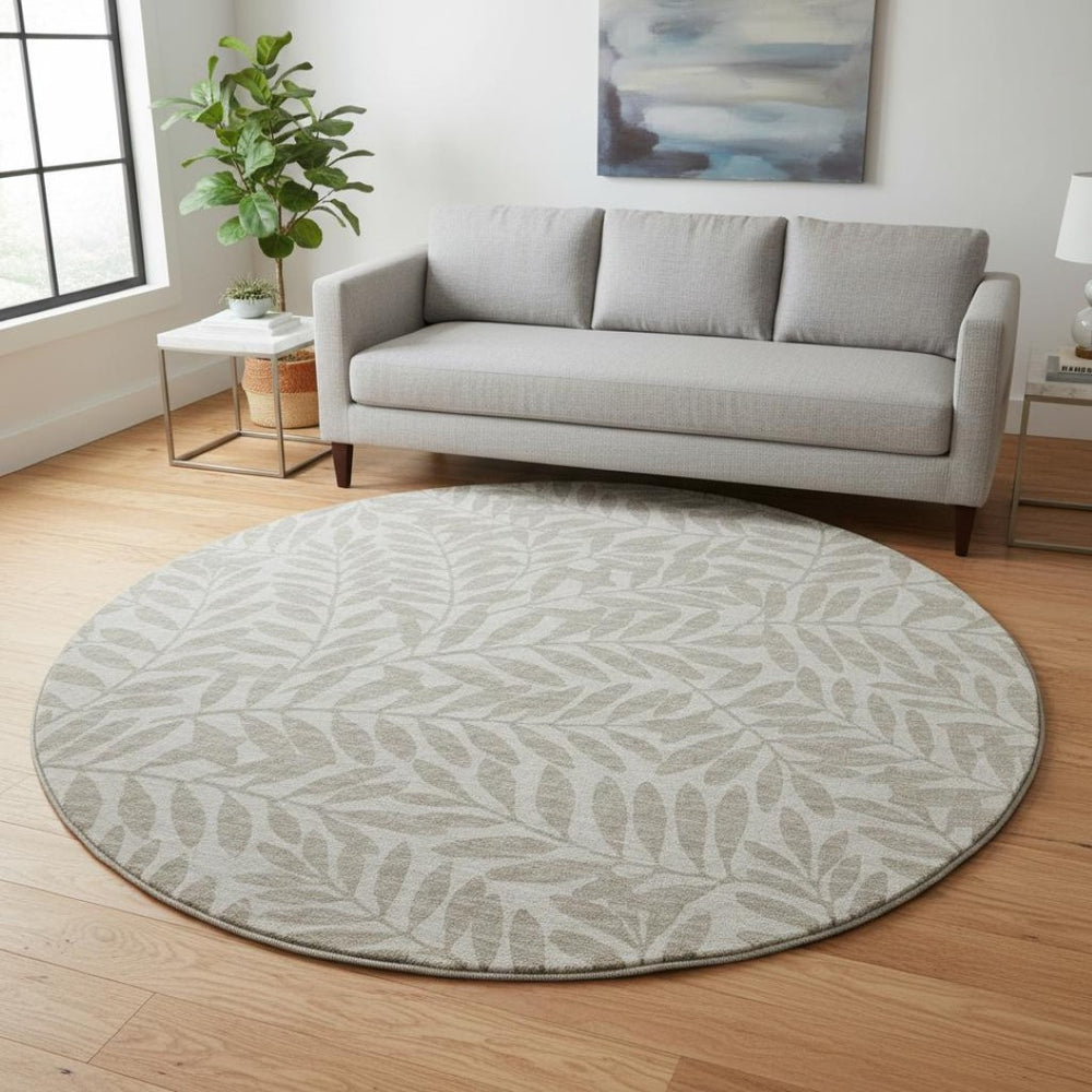 HomeRoots 8' Taupe and Ivory Botanical Leaves Washable Round Rug - Durable, UV-Protected & Easy Care Design 644847