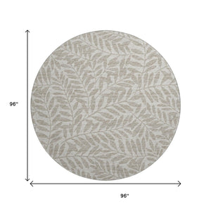 HomeRoots 8' Taupe and Ivory Botanical Leaves Washable Round Rug - Durable, UV-Protected & Easy Care Design 644847
