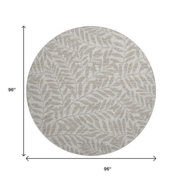 HomeRoots 8' Taupe and Ivory Botanical Leaves Washable Round Rug - Durable, UV-Protected & Easy Care Design 644847