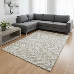 HomeRoots 8' X 10' Washable Area Rug in Taupe & Ivory with Botanical Leaves – UV Protection & Easy Care Design 644848