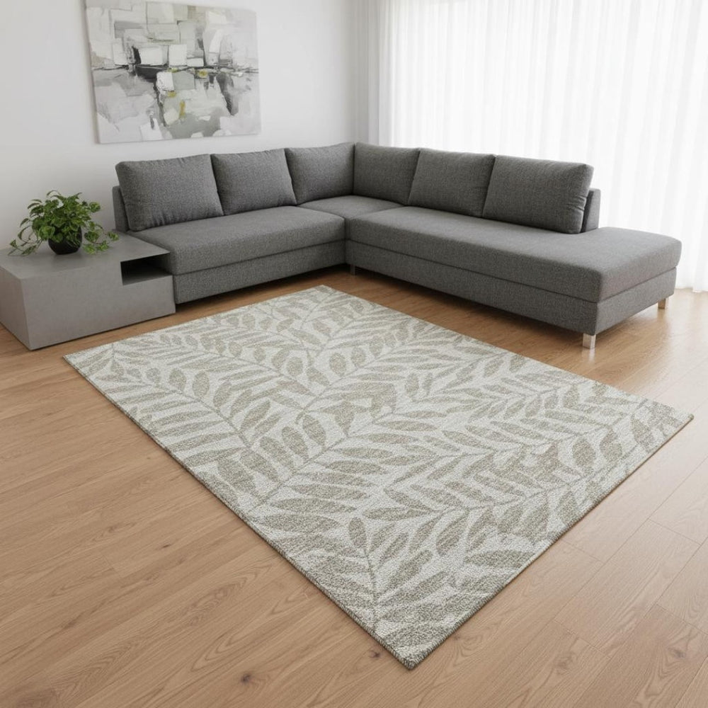 HomeRoots 10' X 14' Taupe & Ivory Washable Area Rug with UV Protection – Elegant Botanical Leaf Design for Homes 644850