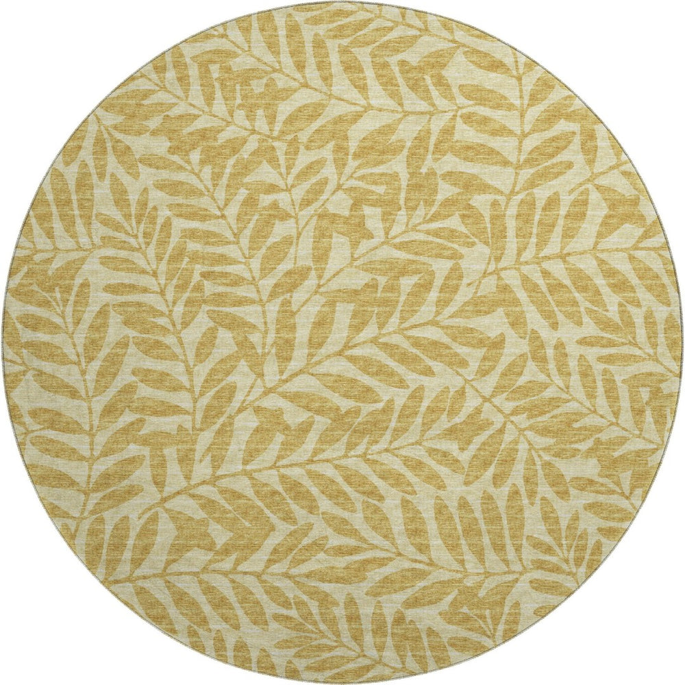 HomeRoots 8' Gold And Ivory Round Botanical Leaves Rug – Washable, UV Protected, Stain-Resistant, Durable Design 644853