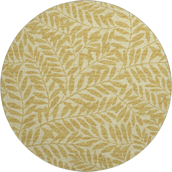 HomeRoots 8' Gold And Ivory Round Botanical Leaves Rug – Washable, UV Protected, Stain-Resistant, Durable Design 644853