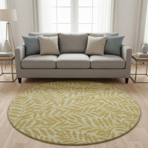 HomeRoots 8' Gold And Ivory Round Botanical Leaves Rug – Washable, UV Protected, Stain-Resistant, Durable Design 644853