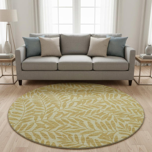 HomeRoots 8' Gold And Ivory Round Botanical Leaves Rug – Washable, UV Protected, Stain-Resistant, Durable Design 644853