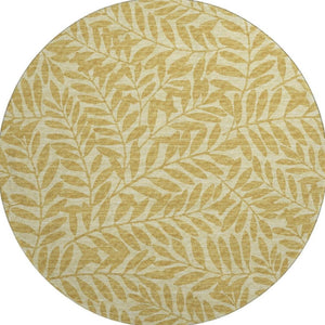 HomeRoots 8' Gold And Ivory Round Botanical Leaves Rug – Washable, UV Protected, Stain-Resistant, Durable Design 644853