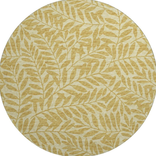 HomeRoots 8' Gold And Ivory Round Botanical Leaves Rug – Washable, UV Protected, Stain-Resistant, Durable Design 644853