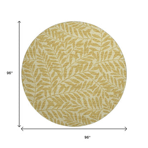 HomeRoots 8' Gold And Ivory Round Botanical Leaves Rug – Washable, UV Protected, Stain-Resistant, Durable Design 644853