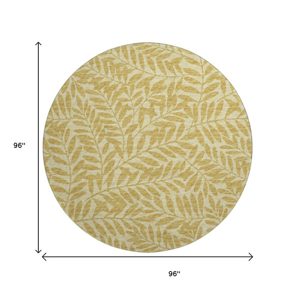 HomeRoots 8' Gold And Ivory Round Botanical Leaves Rug – Washable, UV Protected, Stain-Resistant, Durable Design 644853