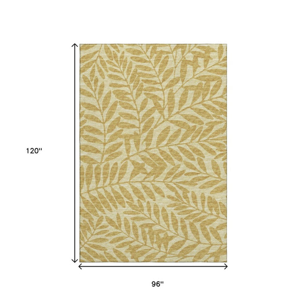 HomeRoots 8' X 10' Gold and Ivory Botanical Leaves Area Rug - Washable, UV-Protected & Stylish for Any Space 644854