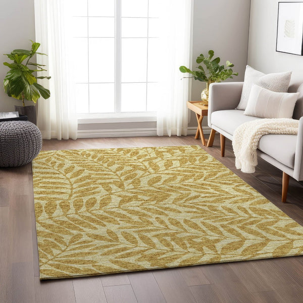 HomeRoots 8' X 10' Gold and Ivory Botanical Leaves Area Rug - Washable, UV-Protected & Stylish for Any Space 644854