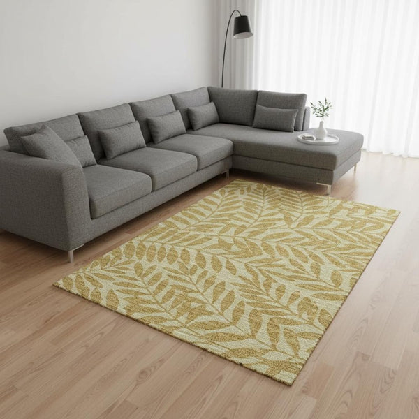 HomeRoots 8' X 10' Gold and Ivory Botanical Leaves Area Rug - Washable, UV-Protected & Stylish for Any Space 644854