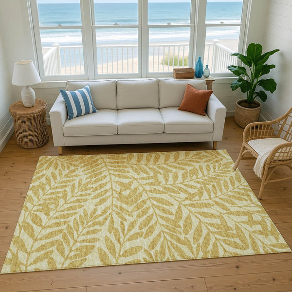 HomeRoots 9' X 12' Elegant Gold and Ivory Botanical Leaves Area Rug - Washable, UV Protected, Stain Resistant 644855