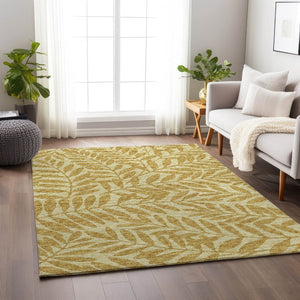 HomeRoots 9' X 12' Elegant Gold and Ivory Botanical Leaves Area Rug - Washable, UV Protected, Stain Resistant 644855