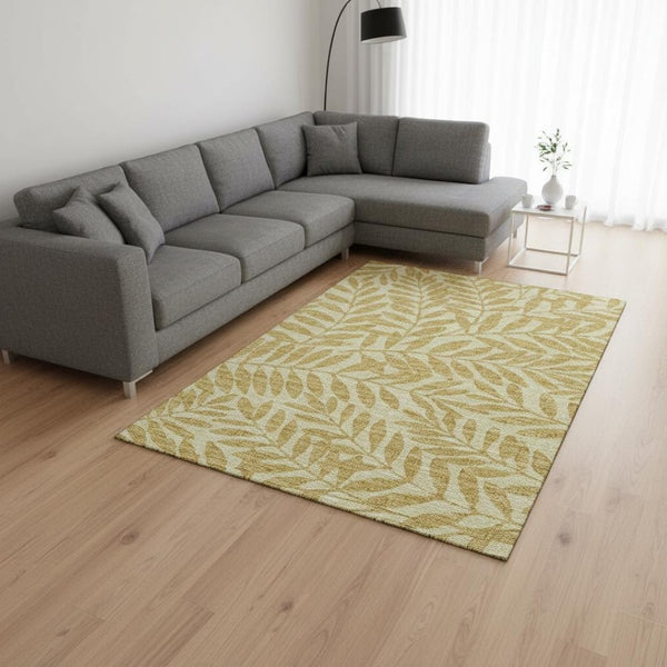 HomeRoots 9' X 12' Elegant Gold and Ivory Botanical Leaves Area Rug - Washable, UV Protected, Stain Resistant 644855