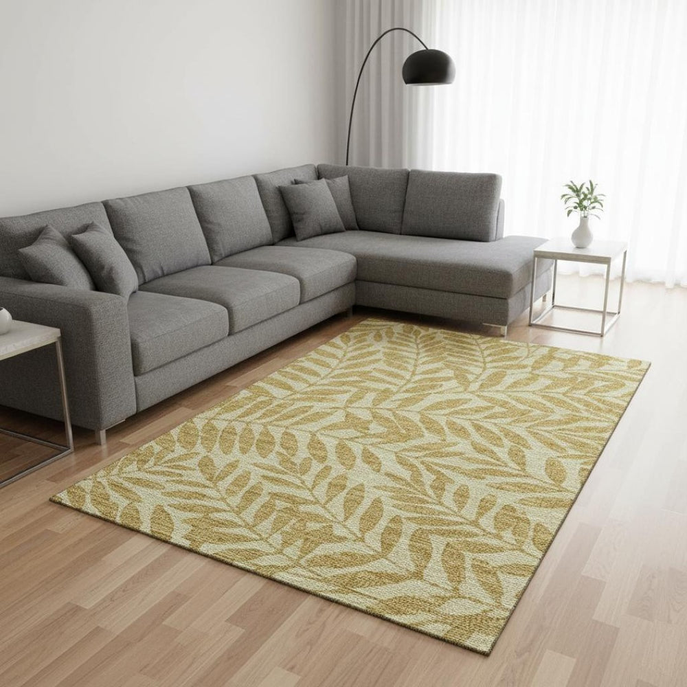 HomeRoots 10' X 14' Gold And Ivory Botanical Leaves Area Rug – Washable, UV-Protected, Durable for Families! 644856