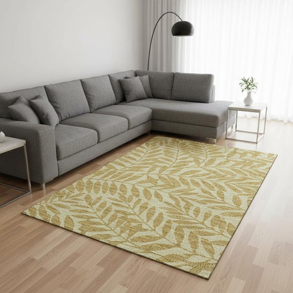 HomeRoots 10' X 14' Gold And Ivory Botanical Leaves Area Rug – Washable, UV-Protected, Durable for Families! 644856