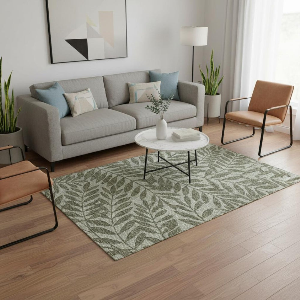 HomeRoots 5' X 8' Fern Green Botanical Leaves Washable Area Rug – UV Protected, Stain Resistant, Soft & Durable 644858