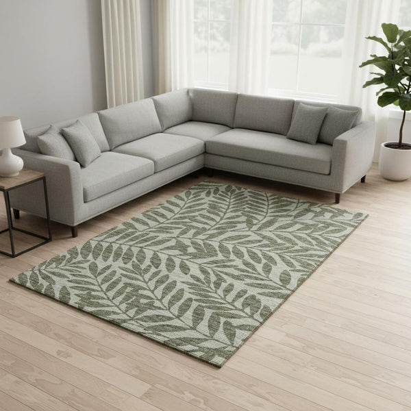 HomeRoots 8' X 10' Fern Green Botanical Leaves Area Rug - Washable, Stain Resistant, UV Protected for Durability 644860
