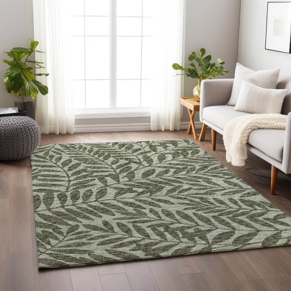 HomeRoots 9' X 12' Fern Green & Ivory Botanical Area Rug - Washable, UV Protected, Durable & Stylish Design 644861