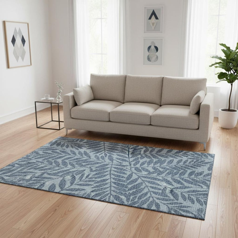 HomeRoots 5' X 8' Blue And Ivory Botanical Leaves Area Rug – Washable, UV Protected, Perfect for Home Spaces! 644864