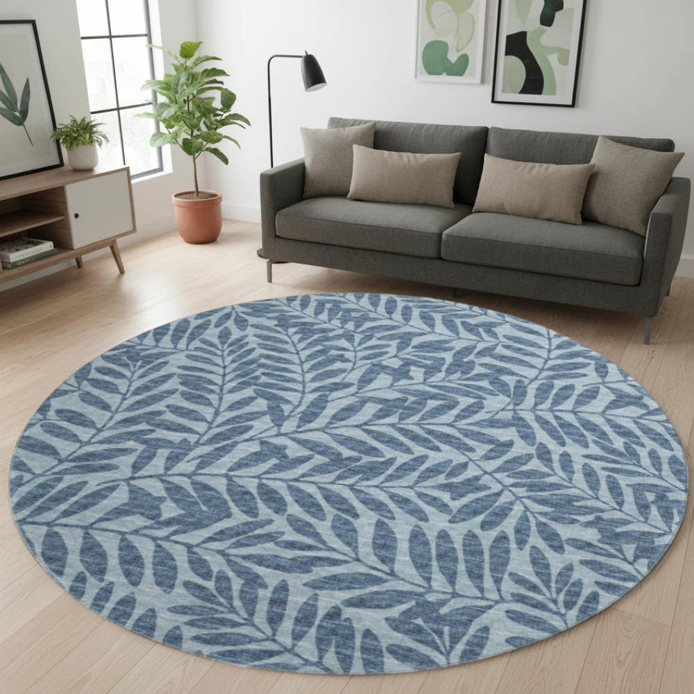 HomeRoots 8' Blue And Ivory Botanical Leaves Round Rug - Washable, UV-Protected, Durable, and Stylish Decor 644865