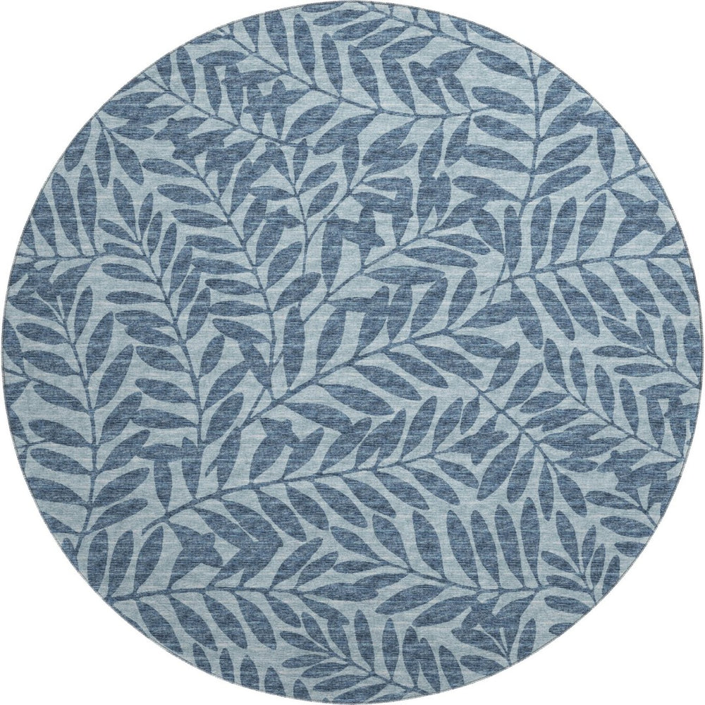 HomeRoots 8' Blue And Ivory Botanical Leaves Round Rug - Washable, UV-Protected, Durable, and Stylish Decor 644865