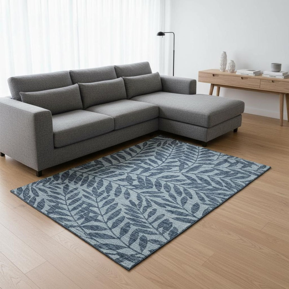 HomeRoots 8' X 10' Blue and Ivory Botanical Leaves Rug - Washable, UV-Protected, Perfect for Indoor & Outdoor Use! 644866