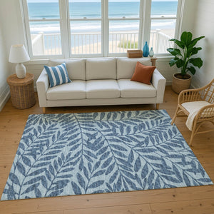 HomeRoots 9' X 12' Blue & Ivory Botanical Leaves Area Rug - Washable, UV-Protected, Stain-Resistant Beauty! 644867