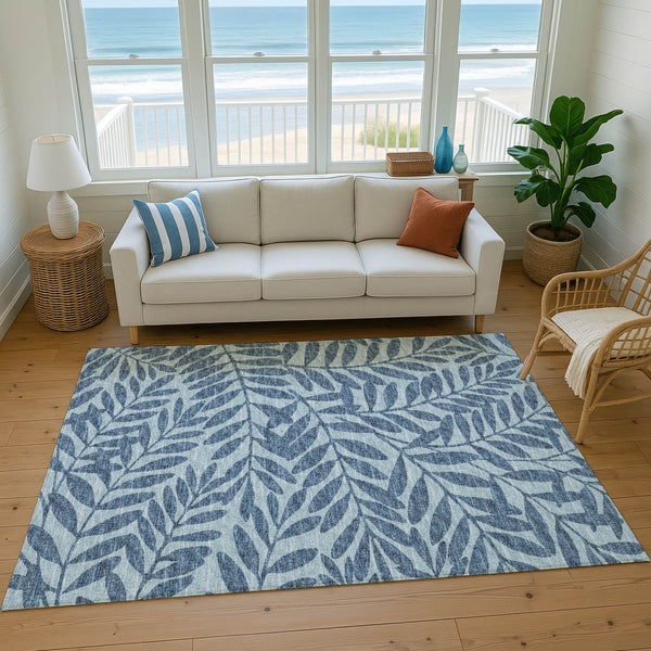 HomeRoots 9' X 12' Blue & Ivory Botanical Leaves Area Rug - Washable, UV-Protected, Stain-Resistant Beauty! 644867