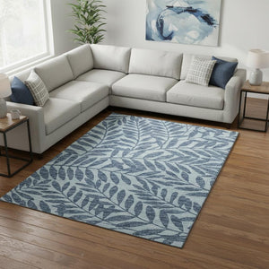 HomeRoots 9' X 12' Blue & Ivory Botanical Leaves Area Rug - Washable, UV-Protected, Stain-Resistant Beauty! 644867