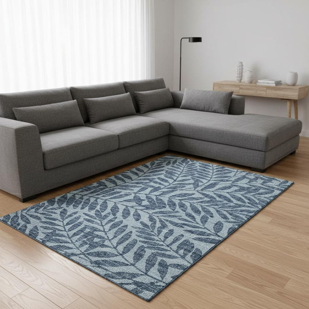 HomeRoots 10' Blue & Ivory Botanical Leaves Area Rug - Durable, Washable, UV-Protected for Family Spaces! 644868