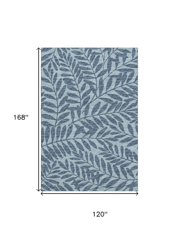 HomeRoots 10' Blue & Ivory Botanical Leaves Area Rug - Durable, Washable, UV-Protected for Family Spaces! 644868