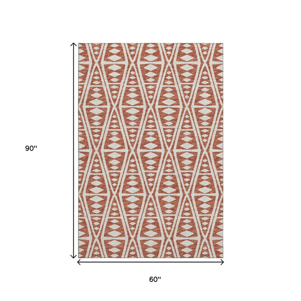 HomeRoots 5' X 8' Tribal Washable Area Rug in Burnt Sienna & Ivory – UV Protected, Durable & Easy-Care Home Decor 644882