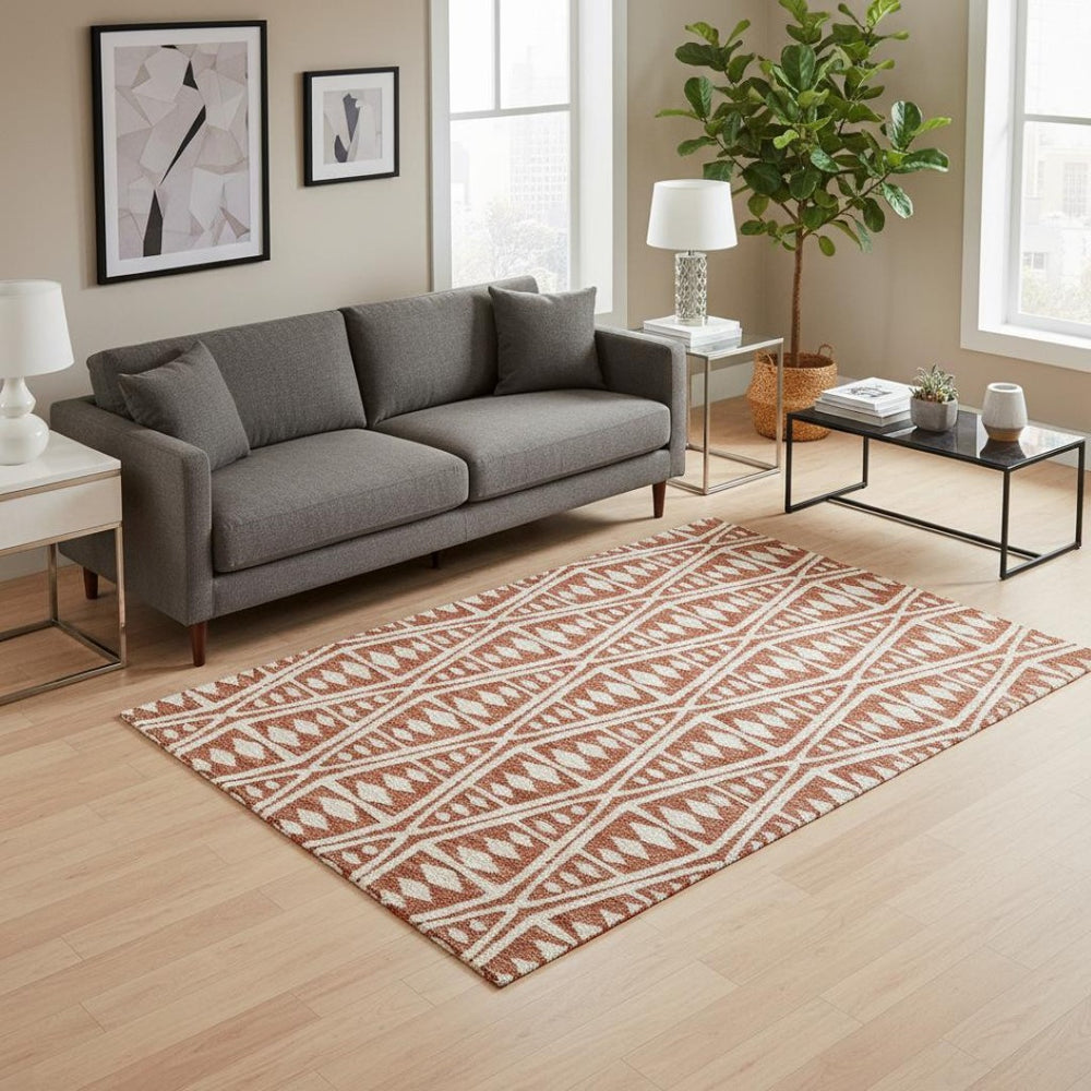 HomeRoots 5' X 8' Tribal Washable Area Rug in Burnt Sienna & Ivory – UV Protected, Durable & Easy-Care Home Decor 644882