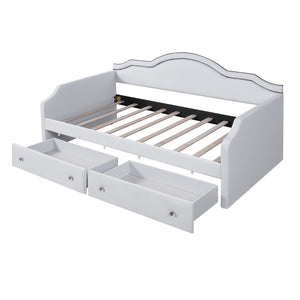 English Elm Twin Upholstered Daybed with Built-In LED & 2 Drawers, Velvet Platform Bed with Solid Wood Frame, Modern Curved Backrest, Twin Size, No Box Spring Needed Beige N7500001851A