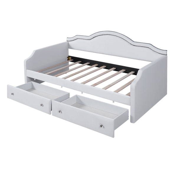 English Elm Twin Upholstered Daybed with Built-In LED & 2 Drawers, Velvet Platform Bed with Solid Wood Frame, Modern Curved Backrest, Twin Size, No Box Spring Needed Beige N7500001851A