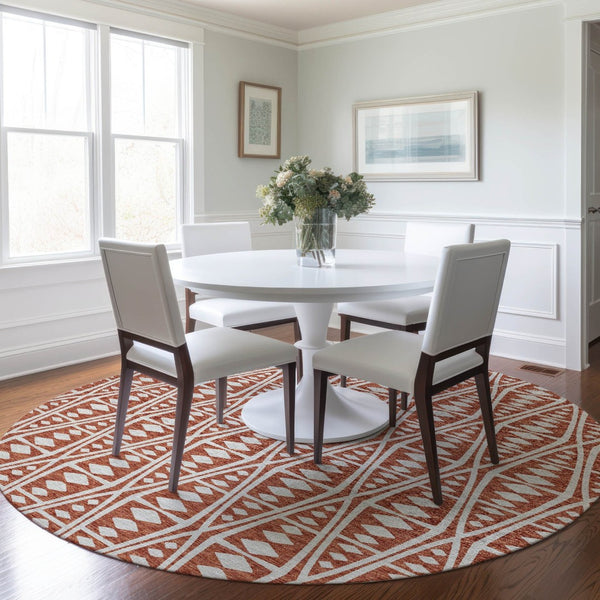 HomeRoots 8' Burnt Sienna Tribal Washable Round Rug - Stylish, Durable, UV-Protected for Indoor & Outdoor Use 644883
