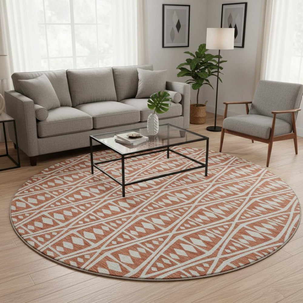 HomeRoots 8' Burnt Sienna Tribal Washable Round Rug - Stylish, Durable, UV-Protected for Indoor & Outdoor Use 644883