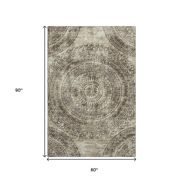 HomeRoots 5' X 8' Washable Brown And Ivory Medallion Area Rug - Durable, Stain Resistant, UV Protected Design 644894