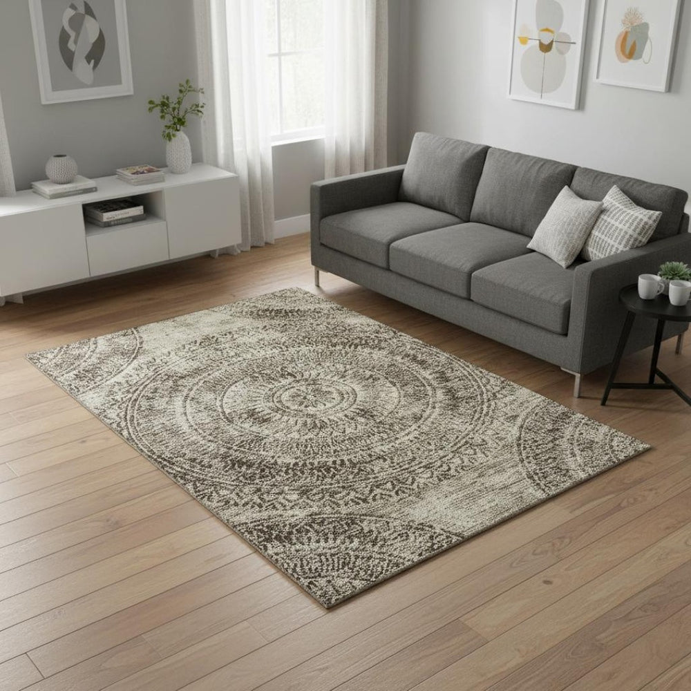 HomeRoots 5' X 8' Washable Brown And Ivory Medallion Area Rug - Durable, Stain Resistant, UV Protected Design 644894
