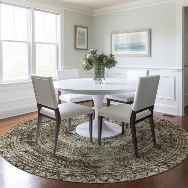 HomeRoots 8' Brown and Ivory Medallion Round Rug - Machine Washable, UV Protected, Ideal for Active Homes 644895