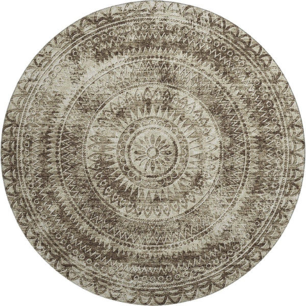 HomeRoots 8' Brown and Ivory Medallion Round Rug - Machine Washable, UV Protected, Ideal for Active Homes 644895