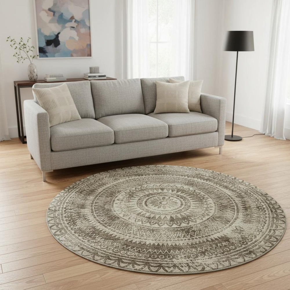 HomeRoots 8' Brown and Ivory Medallion Round Rug - Machine Washable, UV Protected, Ideal for Active Homes 644895