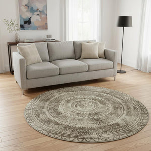 HomeRoots 8' Brown and Ivory Medallion Round Rug - Machine Washable, UV Protected, Ideal for Active Homes 644895