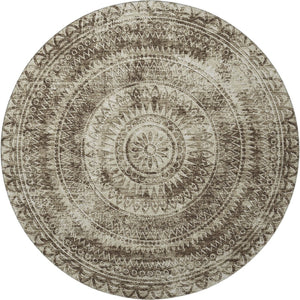 HomeRoots 8' Brown and Ivory Medallion Round Rug - Machine Washable, UV Protected, Ideal for Active Homes 644895