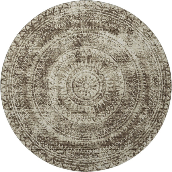 HomeRoots 8' Brown and Ivory Medallion Round Rug - Machine Washable, UV Protected, Ideal for Active Homes 644895