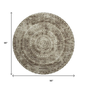 HomeRoots 8' Brown and Ivory Medallion Round Rug - Machine Washable, UV Protected, Ideal for Active Homes 644895