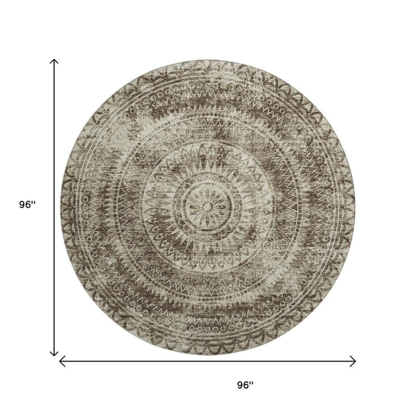 HomeRoots 8' Brown and Ivory Medallion Round Rug - Machine Washable, UV Protected, Ideal for Active Homes 644895
